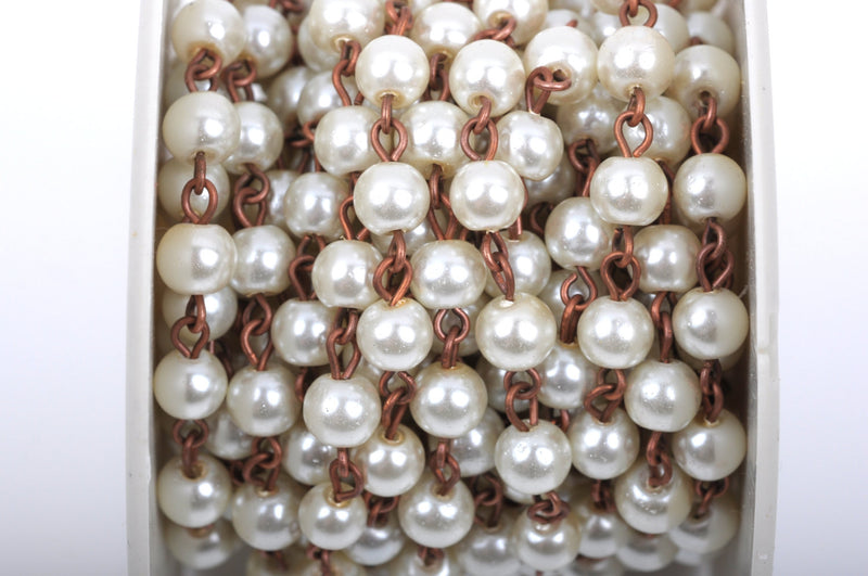 13 feet (4.33 yards) Ivory Off White Pearl Rosary Chain, copper, 6mm round glass pearl beads, fch0424b