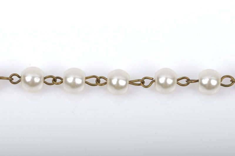 11 feet (3.67 yards) Ivory Off-White Pearl Rosary Chain, bronze wire, 10mm round glass pearl beads, fch0427b