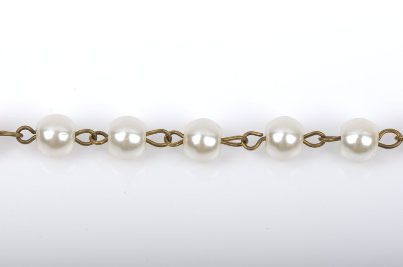1 yard Ivory Off-White Pearl Rosary Chain, bronze wire, 8mm round glass pearl beads, fch0425a