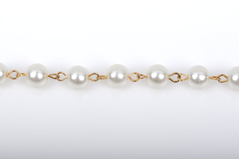 13 feet Ivory Off-White Pearl Rosary Chain, bright gold wire, 8mm round glass pearl beads, fch0426b