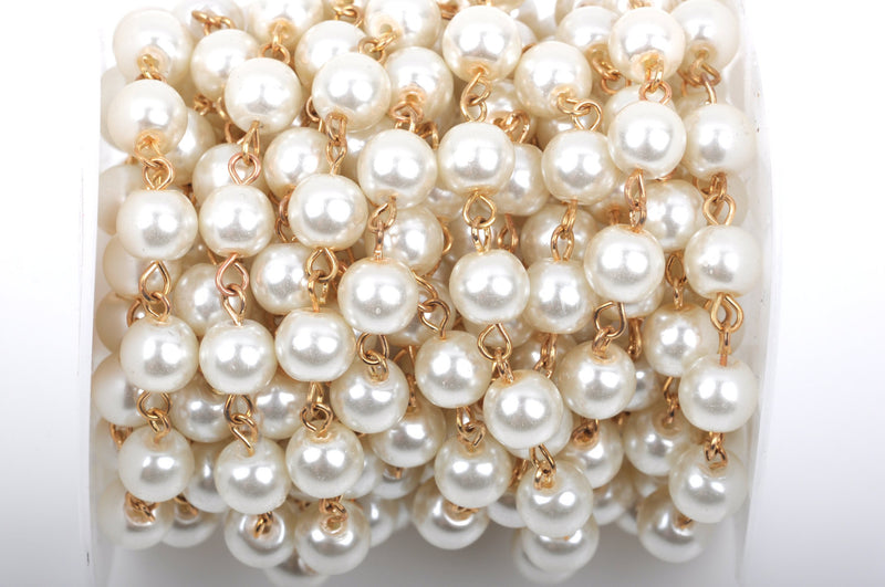 1 yard Ivory Off-White Pearl Rosary Chain, bright gold wire, 8mm round glass pearl beads, fch0426a