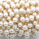13 feet Ivory Off-White Pearl Rosary Chain, bright gold wire, 8mm round glass pearl beads, fch0426b