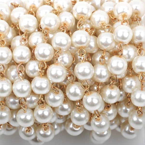 13 feet Ivory Off-White Pearl Rosary Chain, bright gold wire, 8mm round glass pearl beads, fch0426b