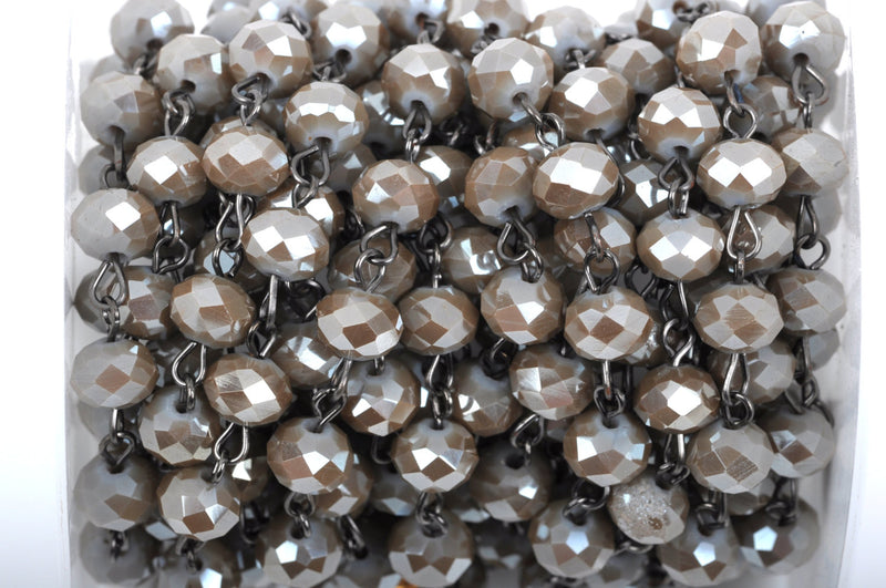 13 feet (4.33 yards) MUSHROOM BROWN TAUPE Crystal Rondelle Rosary Chain, gunmetal, 8mm faceted rondelle glass beads, fch0429b