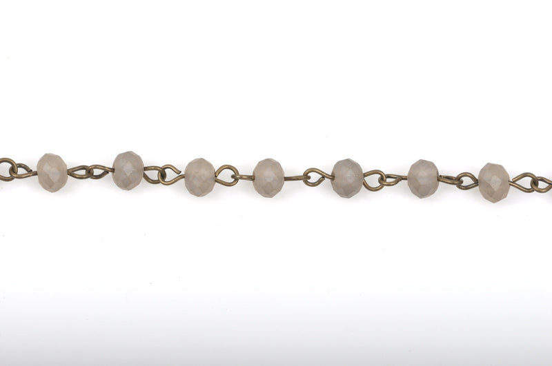 13 feet (4.33 yards) FROSTED GREY Crystal Rondelle Rosary Chain, bronze, 6mm faceted rondelle glass beads, fch0431b