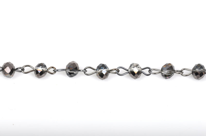 13 feet Smoky Grey AB Crystal Rondelle Rosary Chain, gunmetal, 6mm faceted rondelle glass beads, fch0433b