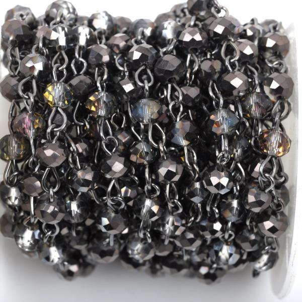 13 feet Smoky Grey AB Crystal Rondelle Rosary Chain, gunmetal, 6mm faceted rondelle glass beads, fch0433b