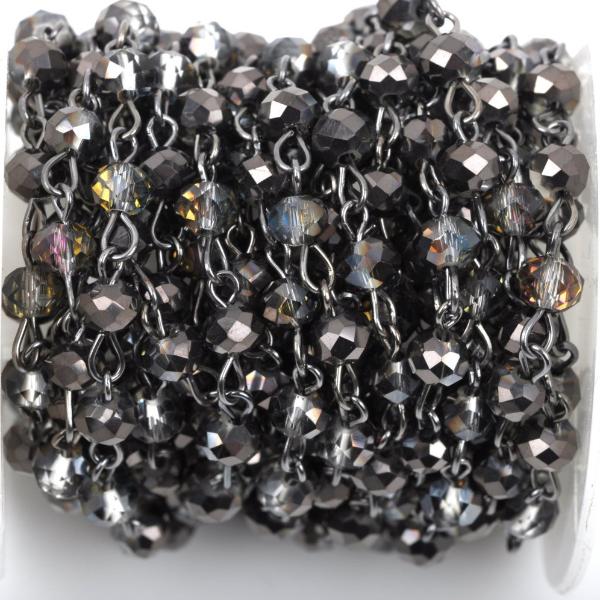1 yard Smoky Grey AB Crystal Rondelle Rosary Chain, gunmetal, 6mm faceted rondelle glass beads, fch0433a