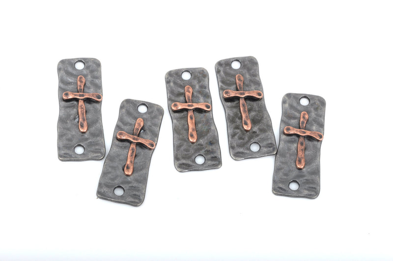 5 CROSS Charms Pendants, 2 hole bracelet connector links, gunmetal base with copper cross, rustic hammered metal, 37x15mm, cho0144a