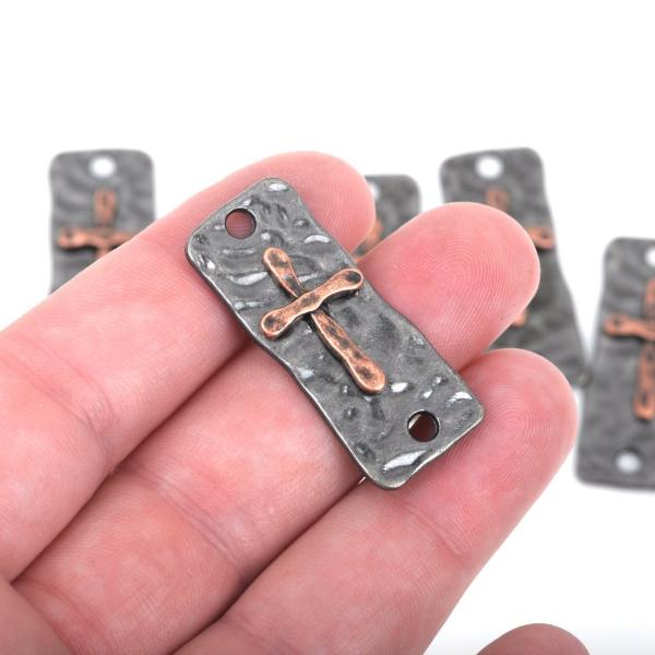 20 CROSS Charms Pendants, 2 hole bracelet connector links, gunmetal base with copper cross, rustic hammered metal, 37x15mm, cho0144b