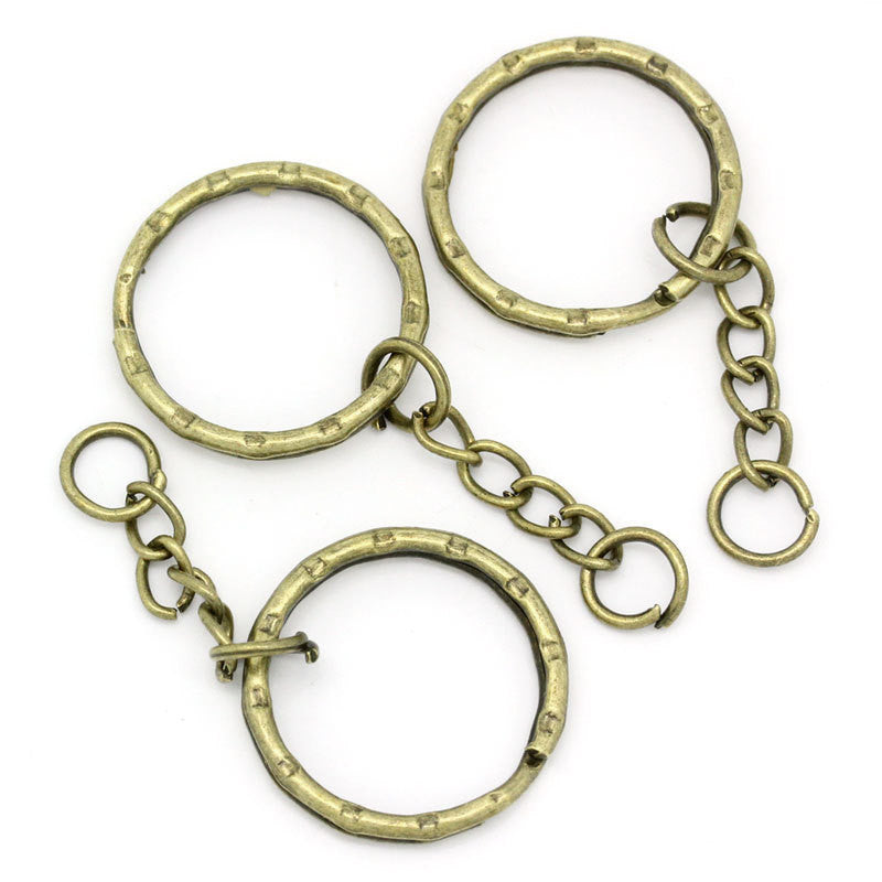 30 Bronze Key Rings with Chain, for adding your own charms, beads, 1" diameter fin0555