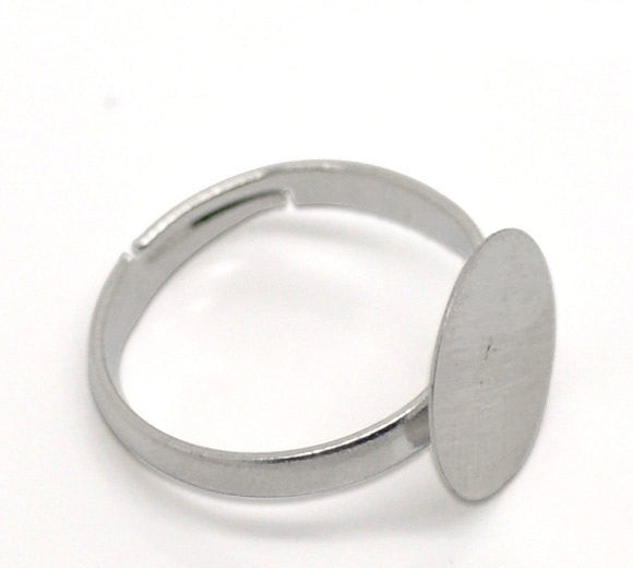 20 Silver Tone Metal Ring Blanks, adjustable size 7.5-9.5, adjustable, pad fits 12mm round cabochons, fin0556
