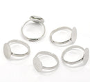 20 Silver Tone Metal Ring Blanks, adjustable size 7.5-9.5, adjustable, pad fits 12mm round cabochons, fin0556