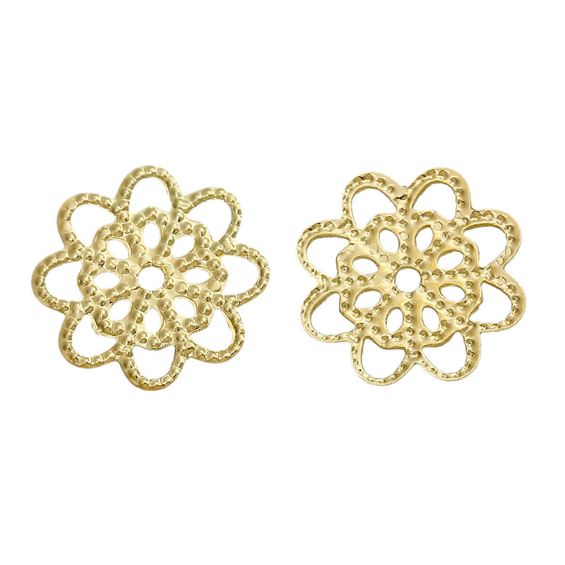 100 GOLD Flower Filigree Embellishments Findings, bright gold charms, 14x14mm, fil0063