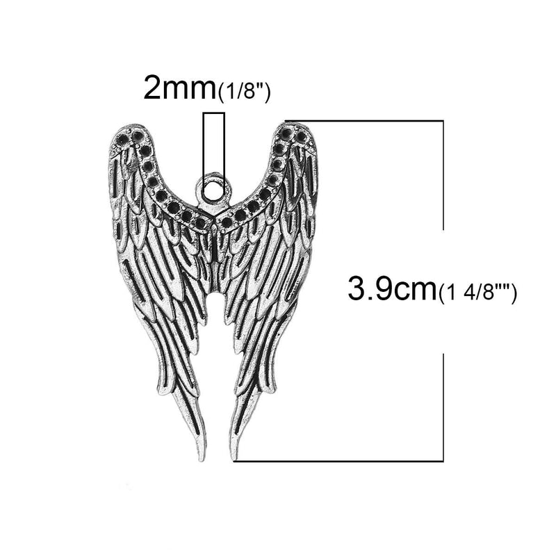 5 ANGEL WINGS charm pendants, antiqued silver metal, 39x24mm, chs2398
