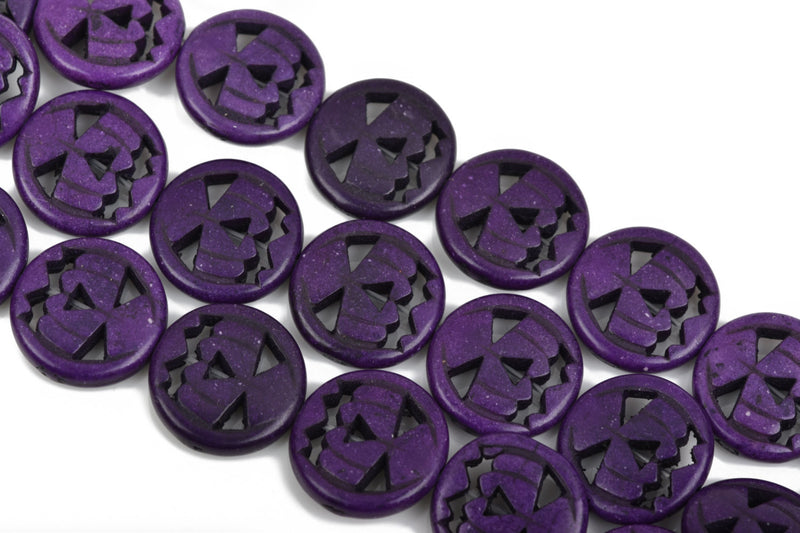15mm PURPLE Carved Jack O Lantern Beads, Pumpkin Beads, approx 26 beads . carved howlite stone, full strand,  how0555