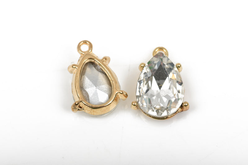 2 Rhinestone Teardrop Drop Charm Pendants, gold bezel setting, faceted crystal glass, 3/4" long chg0425