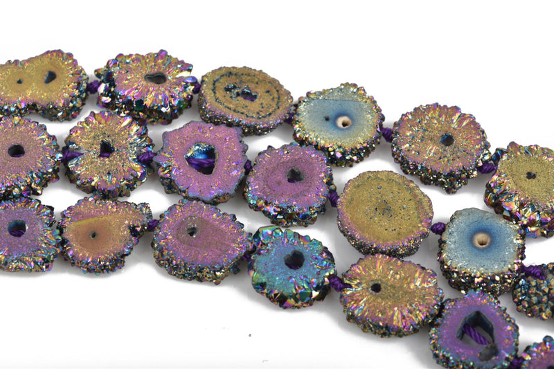 2 RAINBOW Druzy Beads, Natural Quartz, Titanium Plated, Cross Section of Stalactite, 12mm to 15mm, gdz0182