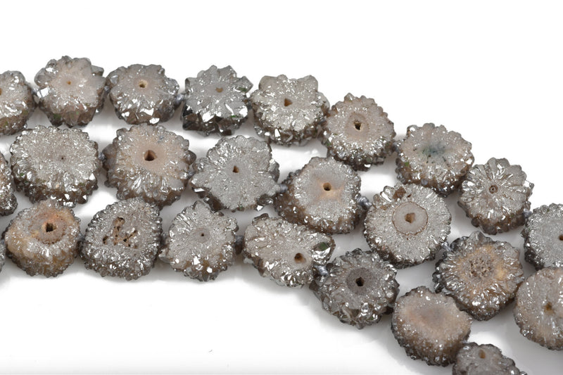 2 HEATHER GREY Druzy Beads, Natural Quartz, Titanium Plated, Cross Section of Stalactite, 12mm to 16mm, gdz0183