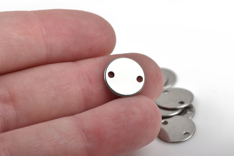 10 Stainless Steel Round Circle Disc Charms Stamping Blanks, 2-hole connector links, 1/2" (12mm), 20 gauge,  msb0349