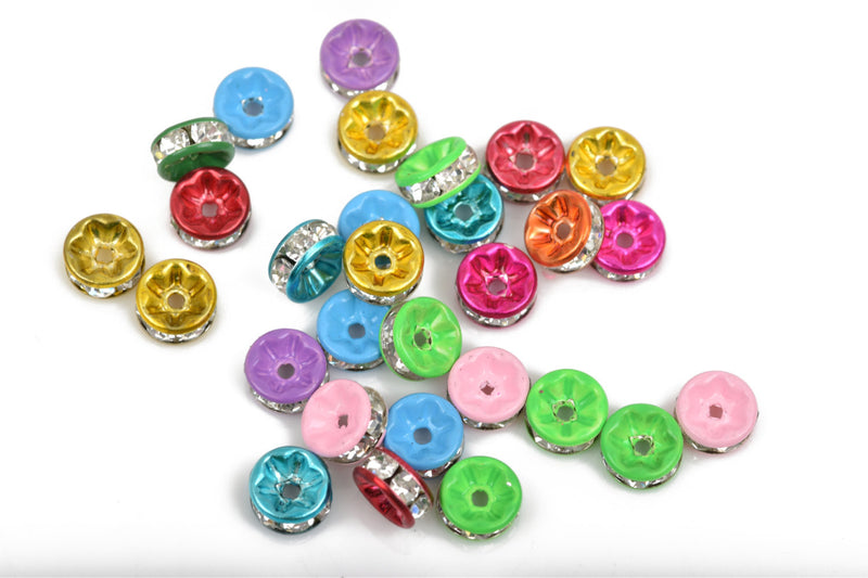 8mm MIXED COLORS Rhinestone Crystal Spacer Rondelle Beads, 25 pieces, BME0390