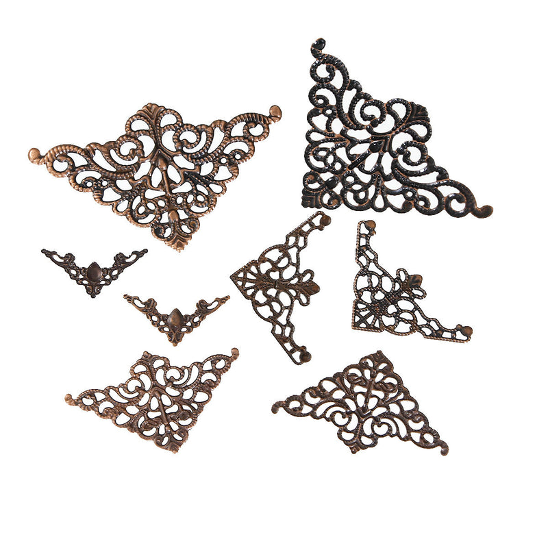 60 COPPER Vintage Style Filigree Flat Metal Findings, MIXED SIZES, Bulk package, fil0067
