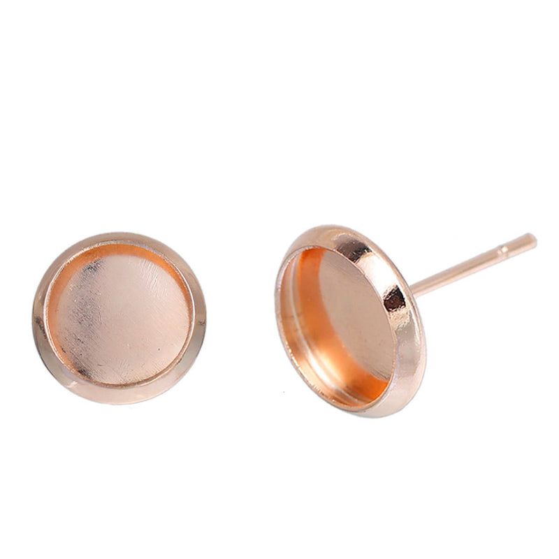 20 (10 pairs) ROSE GOLD cabochon bezel setting earring post components, fits 8mm round inside bezel, fin0583