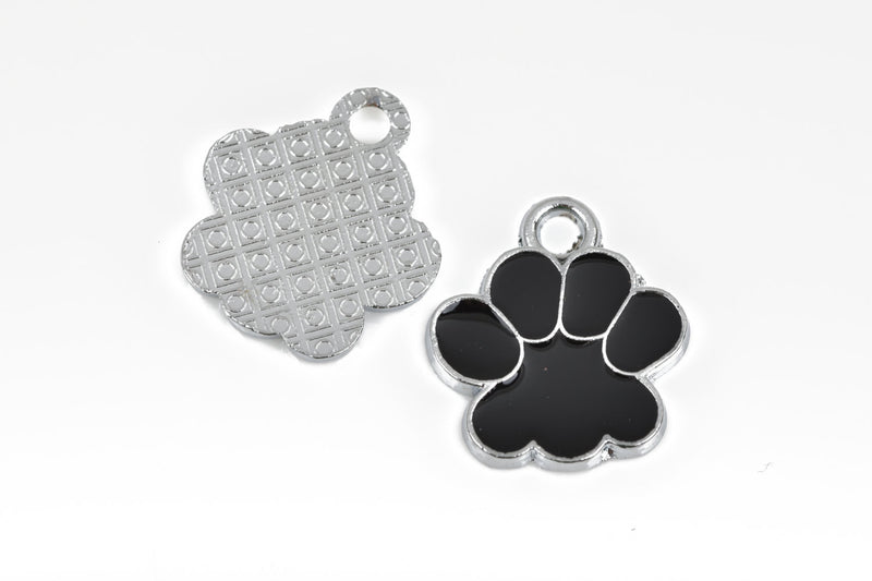 4 Silver Pewter and Enamel Black PAW PRINT School Mascot Charms or Pendants, textured back, che0524