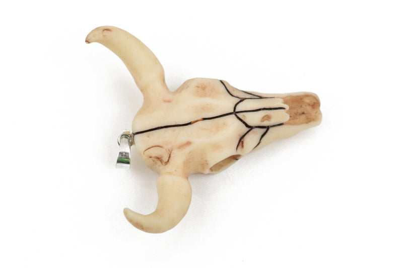 BULL LONGHORN Skull Pendant Bead, Resin Molded with silver pendant bail, 2" wide cho0151