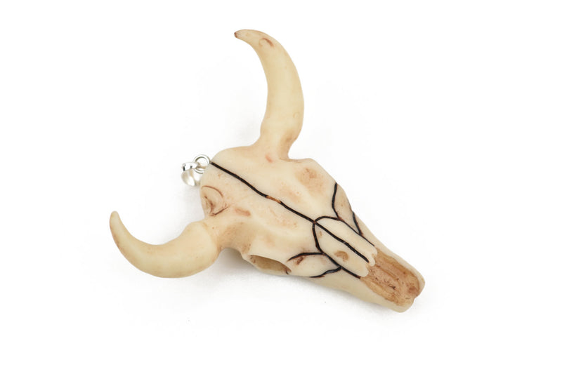 BULL LONGHORN Skull Pendant Bead, Resin Molded with silver pendant bail, 2" wide cho0151