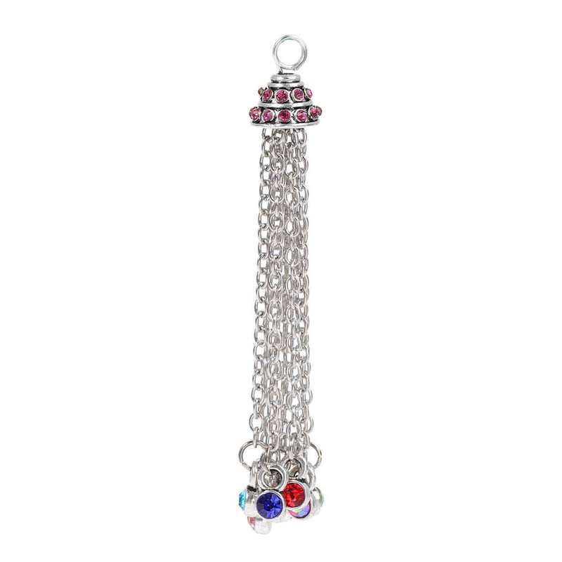 1 Silver Tone Rhinestone Tassel Pendant Charm, mixed color gem tassels, about 3" long lobster clasp, chs2404