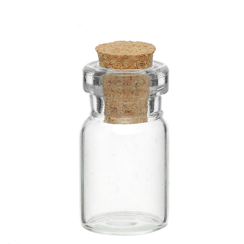 10 Tiny Glass Bottles Vials, 2.5cm tall, potion jars, 24mm x 10mm, cork included, fin0557