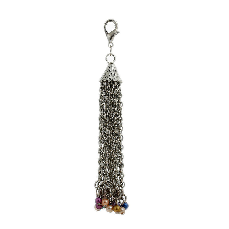 1 Silver Tone COLORFUL PEARL Tassel Pendant Charm, glass pearl tassels, about 4" long lobster clasp, chs2413