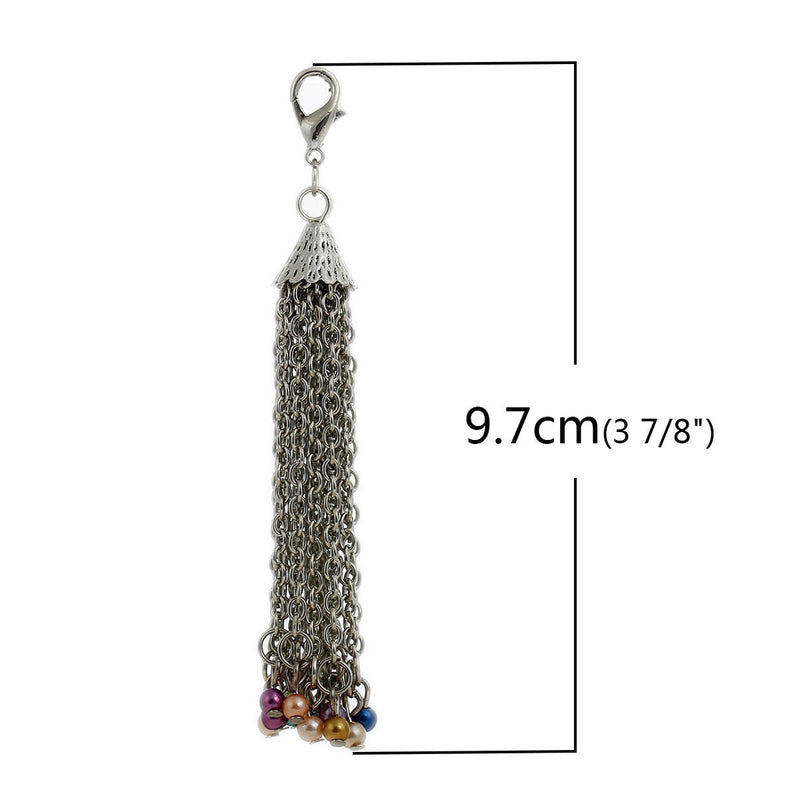 1 Silver Tone COLORFUL PEARL Tassel Pendant Charm, glass pearl tassels, about 4" long lobster clasp, chs2413