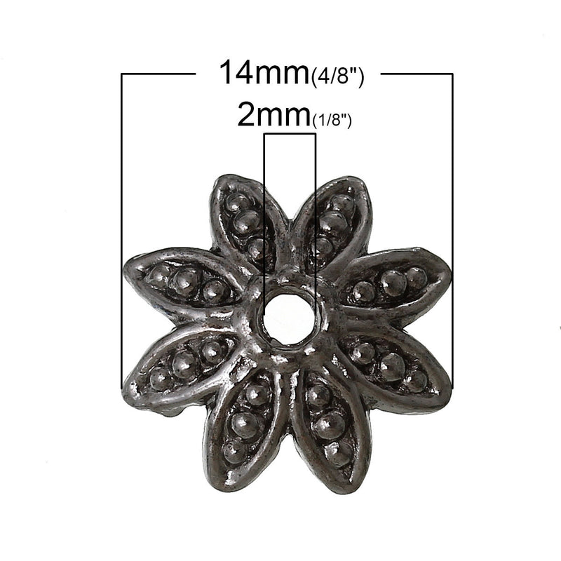 25 Gunmetal Black Leaf Bead Caps, fits 16mm beads, Leaves Bead End Caps, 14mm diameter, fin0563