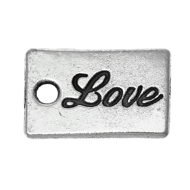 15 Small LOVE SCRIPT Message Rectangle Tag Medallion Charm Pendants, 14x9mm, chs2407