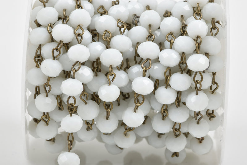 1 yard WHITE Crystal Rondelle Rosary Chain, bronze wire loops, 8mm faceted rondelle glass beads, fch0461a