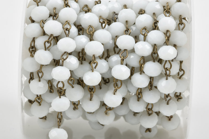 13 feet (4.33 yards) WHITE Crystal Rondelle Rosary Chain, bronze wire loops, 8mm faceted rondelle glass beads, fch0461b