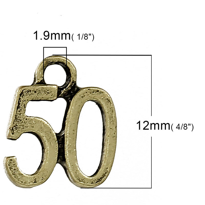 6 Bronze Plated Number 50 (Fifty) Charms, 12mm, about 1/2" chb0444