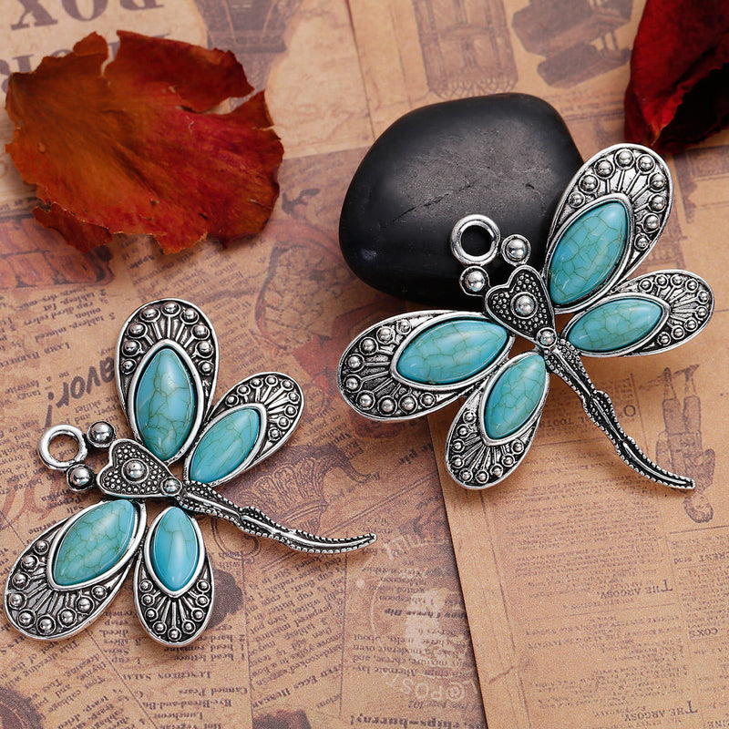 2 DRAGONFLY Pendants, Boho Chic Jewelry, Faux Turquoise and Silver Metal, chs2518