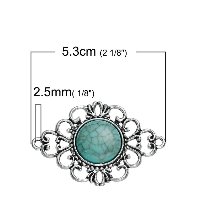 2 Filigree Pendants Findings, Bracelet Connector Links, Boho Chic Jewelry, Faux Turquoise and Silver Metal, chs2519