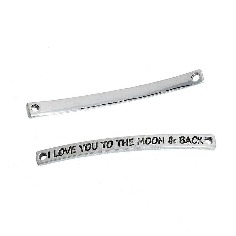 5 Bracelet Connectors, Stamped with I Love You To the Moon & Back Pendant Charms, silver links with 2 holes, 1-7/8" long chs2520