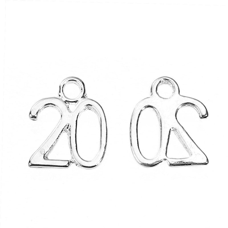 6 Number 20 Charms, Silver Plated Pendants, number twenty, chs2521