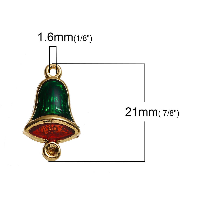 5 RED and GREEN Bells Christmas Charms or Pendants, Gold Plated with enamel, 7/8" chg0431