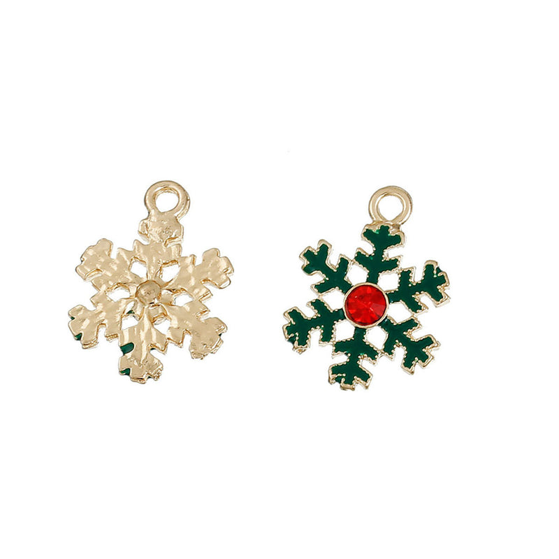 5 CHRISTMAS SNOWFLAKE Charms or Pendants, Gold Plated with enamel and rhinestone accents, 7/8" chg0433