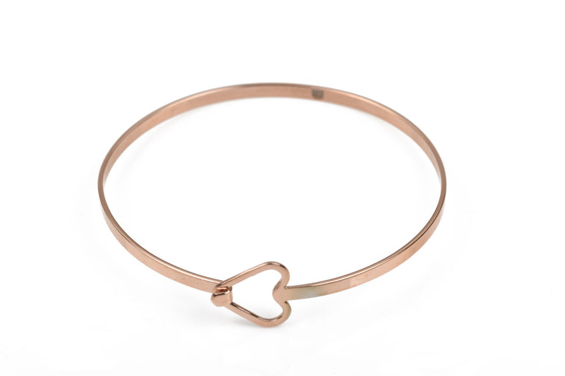 1 Rose Gold Stainless Steel Heart Bangle Charm Bracelet Blank, about 7" long fits small to medium wrist, fin0558