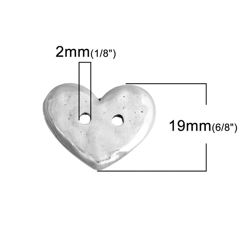 10 Silver HEART Buttons, Hammered Metal, 2 Hole Sew Through Buttons 19x16mm, but0256