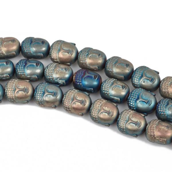10 Blue and Gold MATTE HEMATITE BUDDHA Beads, Titanium Coated Hematite Gemstone Beads, 10x8mm, ghe0119