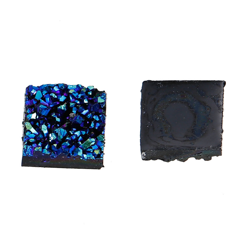 10 Resin BLUE METALLIC RAINBOW Glitter Druzy Square Cabochons, faux druzy, 12mm, cab0445a