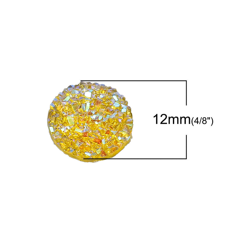 10 Round Resin YELLOW RAINBOW Glitter DRUZY Cabochons, faux druzy, 12mm  cab0449